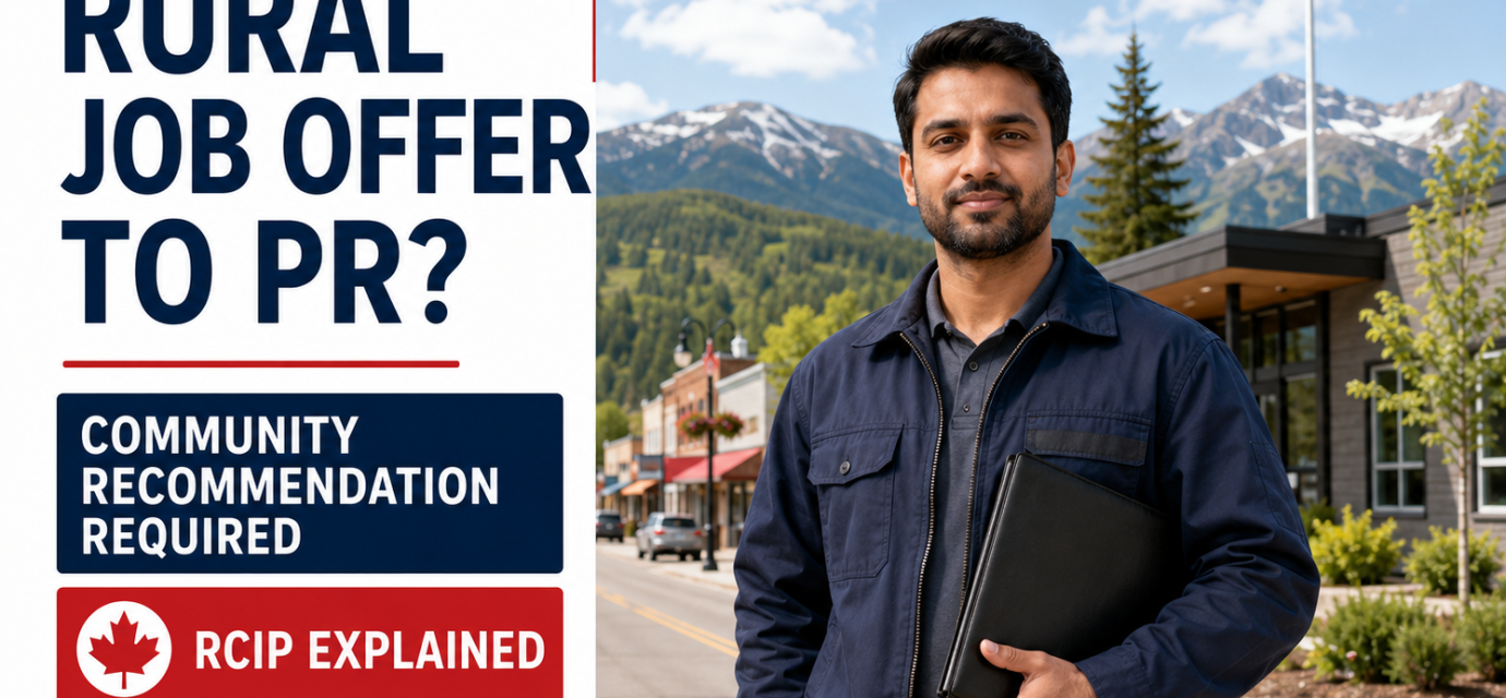Skilled worker in a rural Canadian community explaining the Rural Community Immigration Pilot job offer and community recommendation requirements