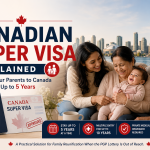 Canadian Super Visa guide showing parents, grandparents, passport, maple leaf and family reunion in Canada