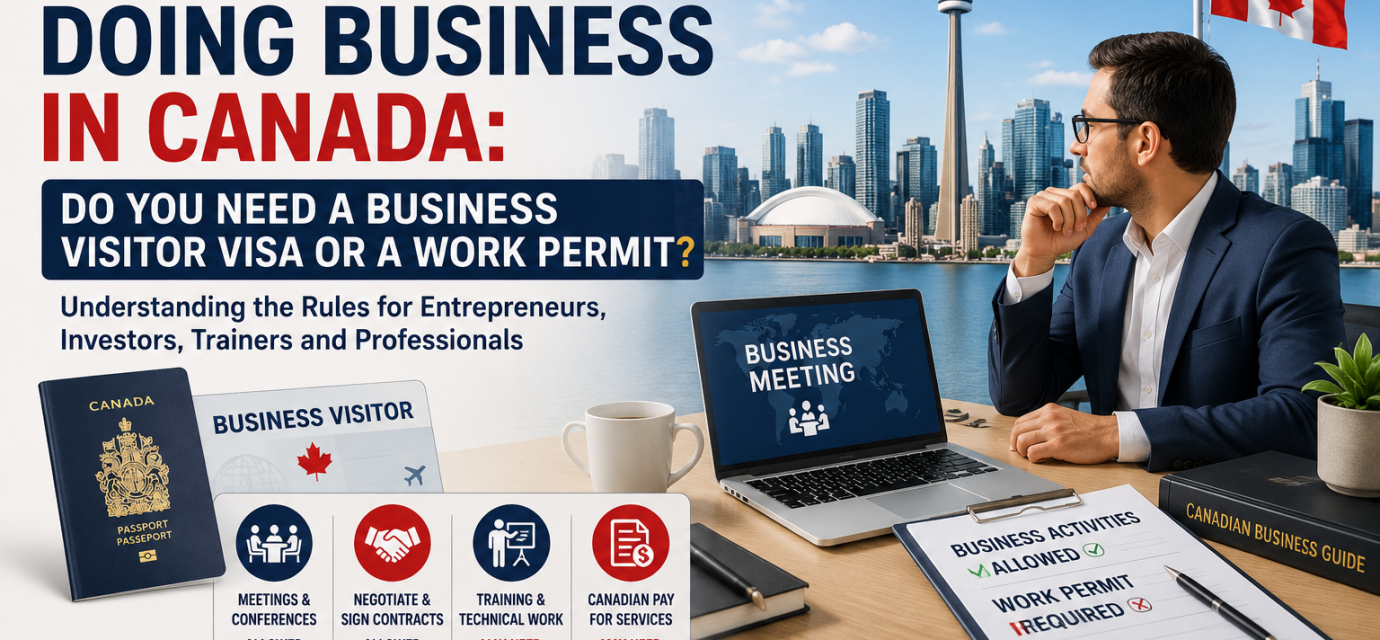 Business visitor visa Canada guide showing entrepreneur, passport, Canadian skyline, business meeting and work permit checklist