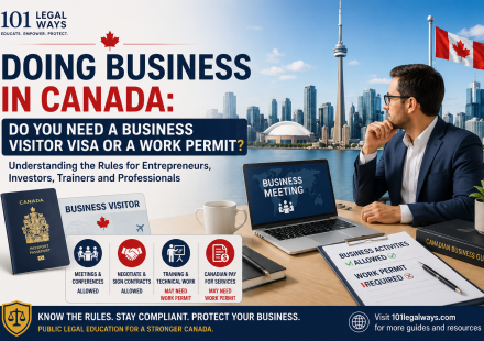 Business visitor visa Canada guide showing entrepreneur, passport, Canadian skyline, business meeting and work permit checklist