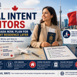 Dual intent Canada guide showing visitor visa, passport, Canadian skyline, permanent residence pathway and temporary stay checklist