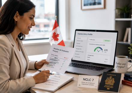 French speaking skilled worker reviewing Express Entry documents for Canadian permanent residence
