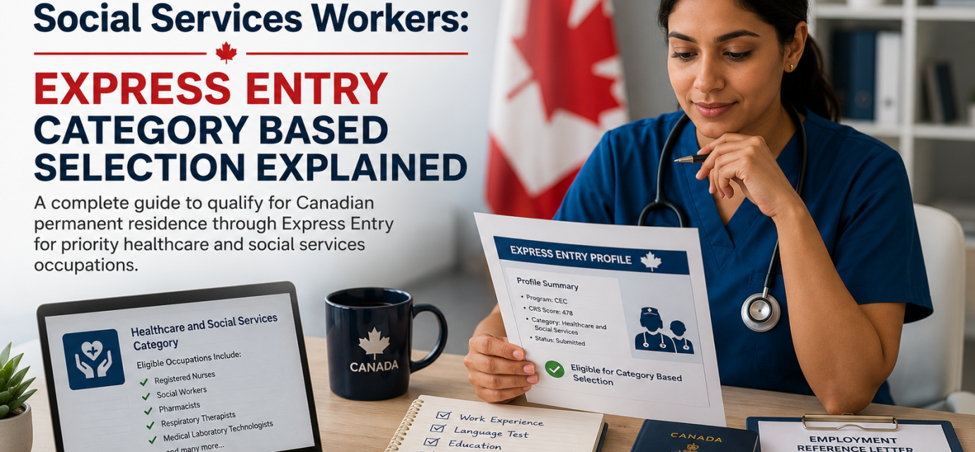 Healthcare and social services worker reviewing Express Entry documents for Canadian permanent residence