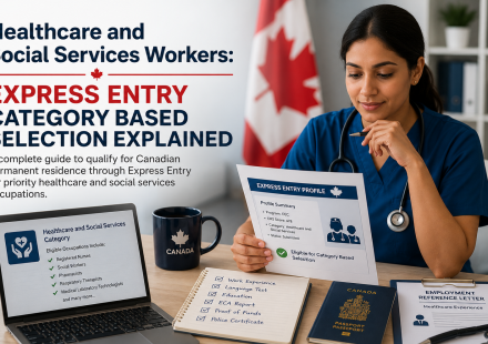 Healthcare and social services worker reviewing Express Entry documents for Canadian permanent residence
