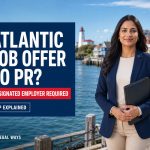 Skilled professional at an Atlantic Canadian harbour explaining how a designated employer job offer can lead to PR through the Atlantic Immigration Program