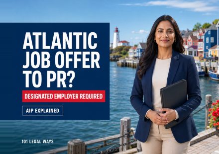 Skilled professional at an Atlantic Canadian harbour explaining how a designated employer job offer can lead to PR through the Atlantic Immigration Program