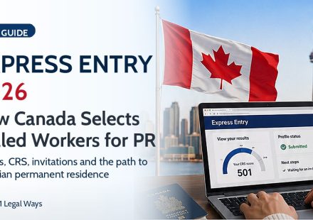 Canadian flag, passport, and Express Entry profile screen representing skilled worker immigration to Canada in 2026