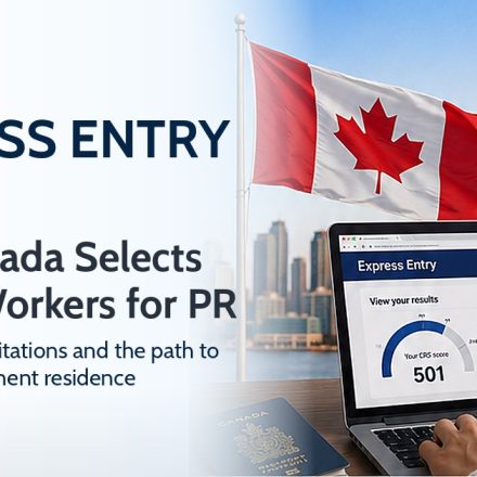 Canadian flag, passport, and Express Entry profile screen representing skilled worker immigration to Canada in 2026