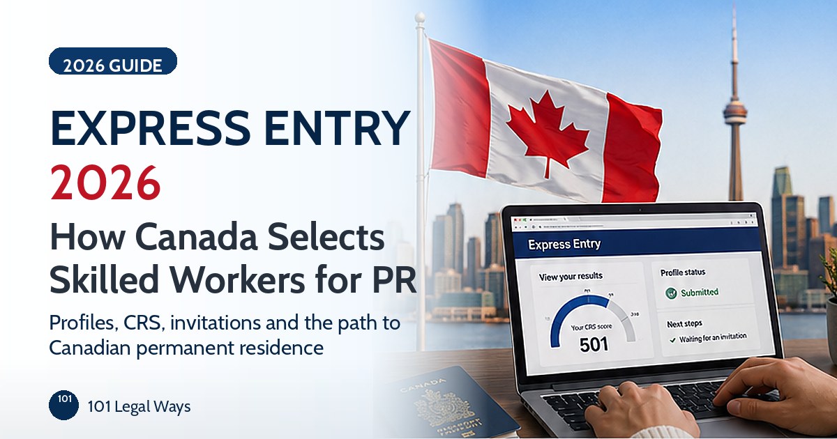 Canadian flag, passport, and Express Entry profile screen representing skilled worker immigration to Canada in 2026