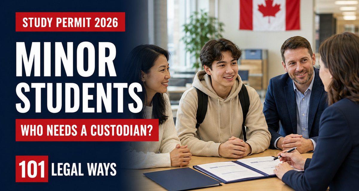 Minor international student meeting a parent, custodian and school administrator about Canadian study permit requirements