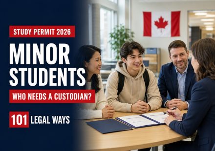 Minor international student meeting a parent, custodian and school administrator about Canadian study permit requirements