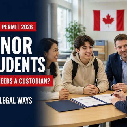 Minor international student meeting a parent, custodian and school administrator about Canadian study permit requirements