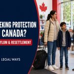 A newcomer and child receiving information about asylum and refugee protection in Canada