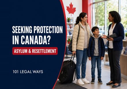 A newcomer and child receiving information about asylum and refugee protection in Canada