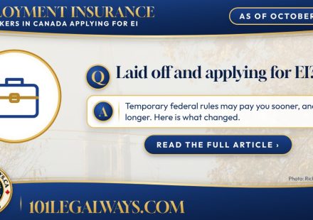 Laid off and applying for EI? 101 Legal Ways summary card with the Peace Tower in Ottawa