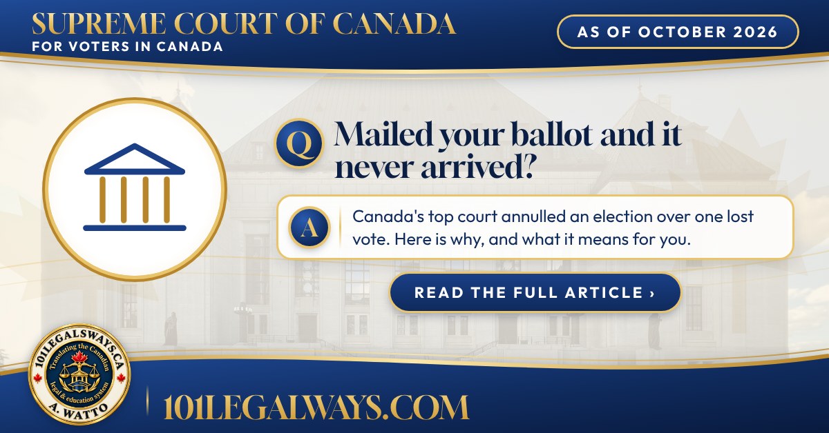 Mailed your ballot and it never arrived? 101 Legal Ways summary card with the Supreme Court of Canada building