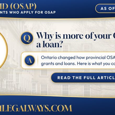 Why is more of your OSAP a loan? 101 Legal Ways summary card with a university quadrangle in Toronto